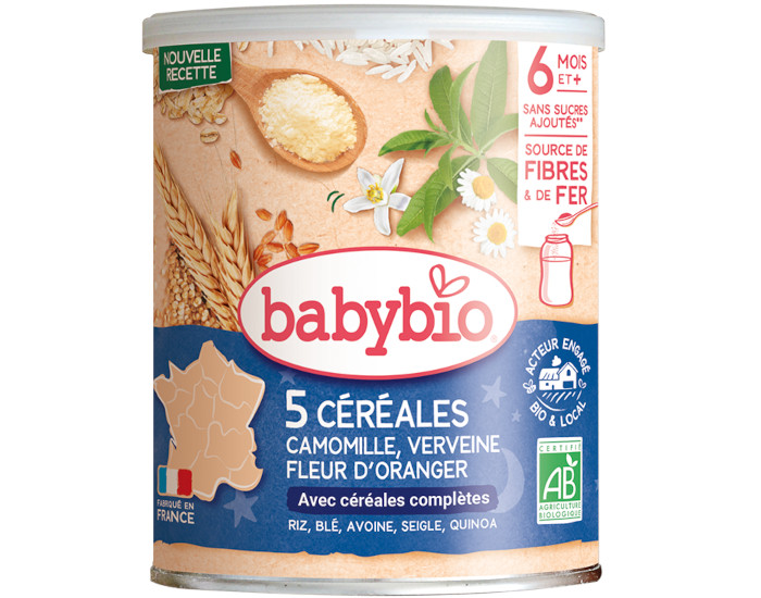 BABYBIO 5 C�r�ales Camomille Verveine Fleur d'Oranger - 220 g - D�s 6 mois