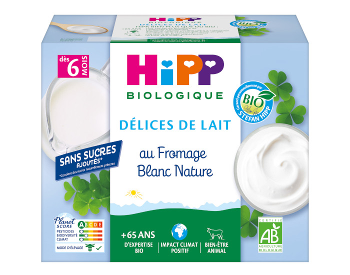 HIPP D�lices de Lait Fromage Blanc Nature - D�s 6 mois - 4 x 100g