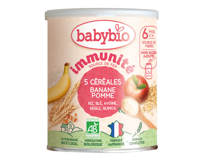 BABYBIO 5 C�r�ales Banane Pomme - 220g - d�s 6 mois