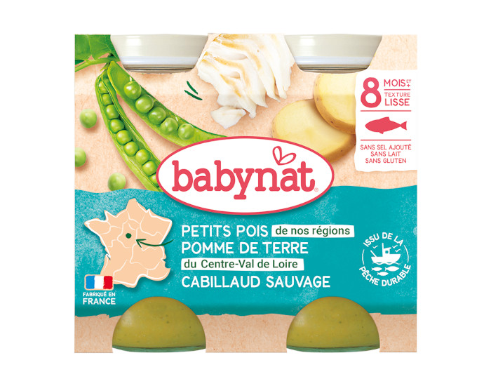 BABYNAT Menu du Jour - 2 x 200g - D�s 8 mois - Petits Pois, PDT & Cabillaud