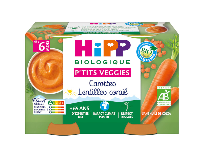HIPP Ptits Veggies - D�s 6 mois - 2 x 125 g Carottes - Lentilles Corail