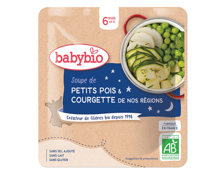 BABYBIO Sachet Menu Bonne Nuit - 190g Soupe Petits Pois Courgette - 6 M
