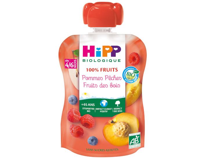 HIPP Gourde 100% Fruits - D�s 4 Mois - 90g Pomme P�che Fruits des Bois