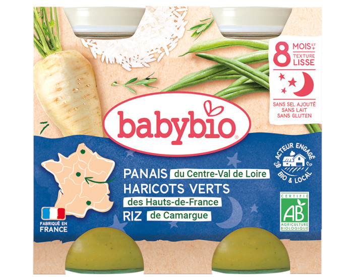 BABYBIO Petits Pots Bonne Nuit - 2x200g - D�s 8 mois Panais Haricots Verts Riz