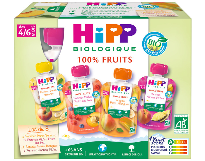 HIPP Gourdes 100% Fruits Multipack 4 Vari�t�s - 8 x 90g - D�s 4-6 mois