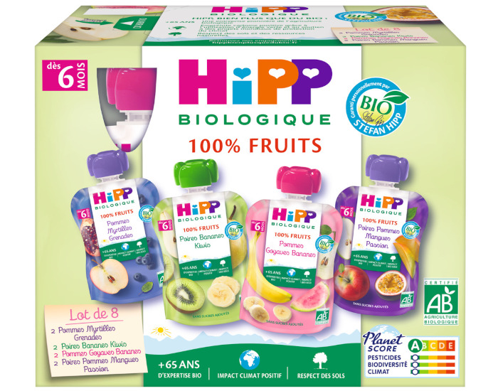 HIPP Gourdes 100% Fruits Multipack 4 Vari�t�s - 8 x 90g - D�s 6 mois 