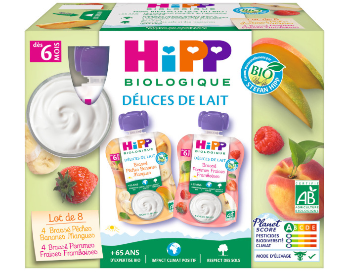 HIPP D�lice de Lait Gourdes Multipack Brass�es - 8 x 90 g - D�s 6 mois