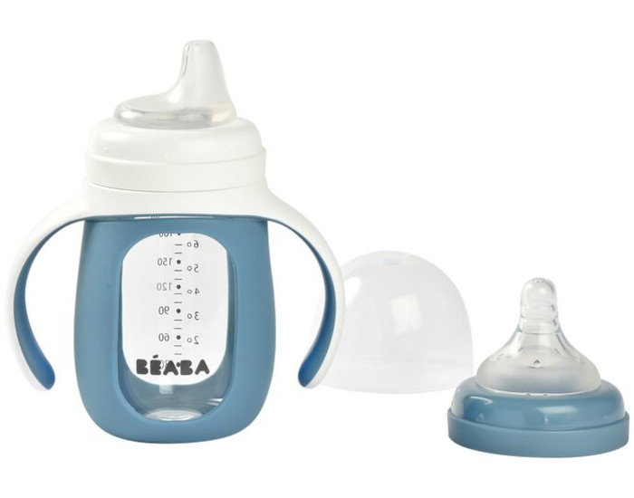BEABA Biberon d'Apprentissage en Verre avec Housse Silicone Blue - D�s 18 mois - 210ml
