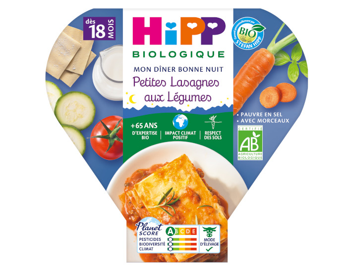 HIPP Assiette Mon Diner Bonne Nuit - 200, 230g ou 260g Petites Lasagnes aux l�gumes - 18M