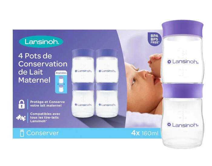 LANSINOH Pots de Conservation du Lait Maternel -  4 x 160 ml