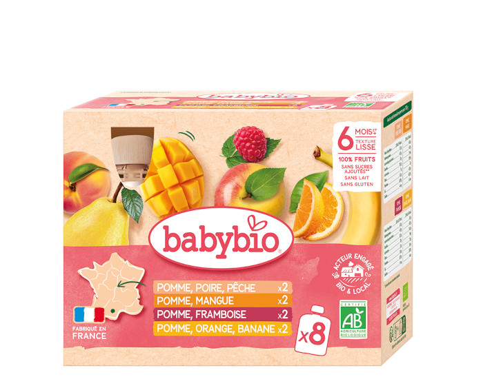 BABYBIO Multiparfums Gourde de Fruits - 8x90g - D�s 6 mois