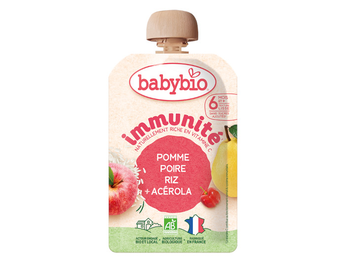BABYBIO Gourde Pomme Poire Riz Ac�rola - Immunit� - 100 g - D�s 6 mois
