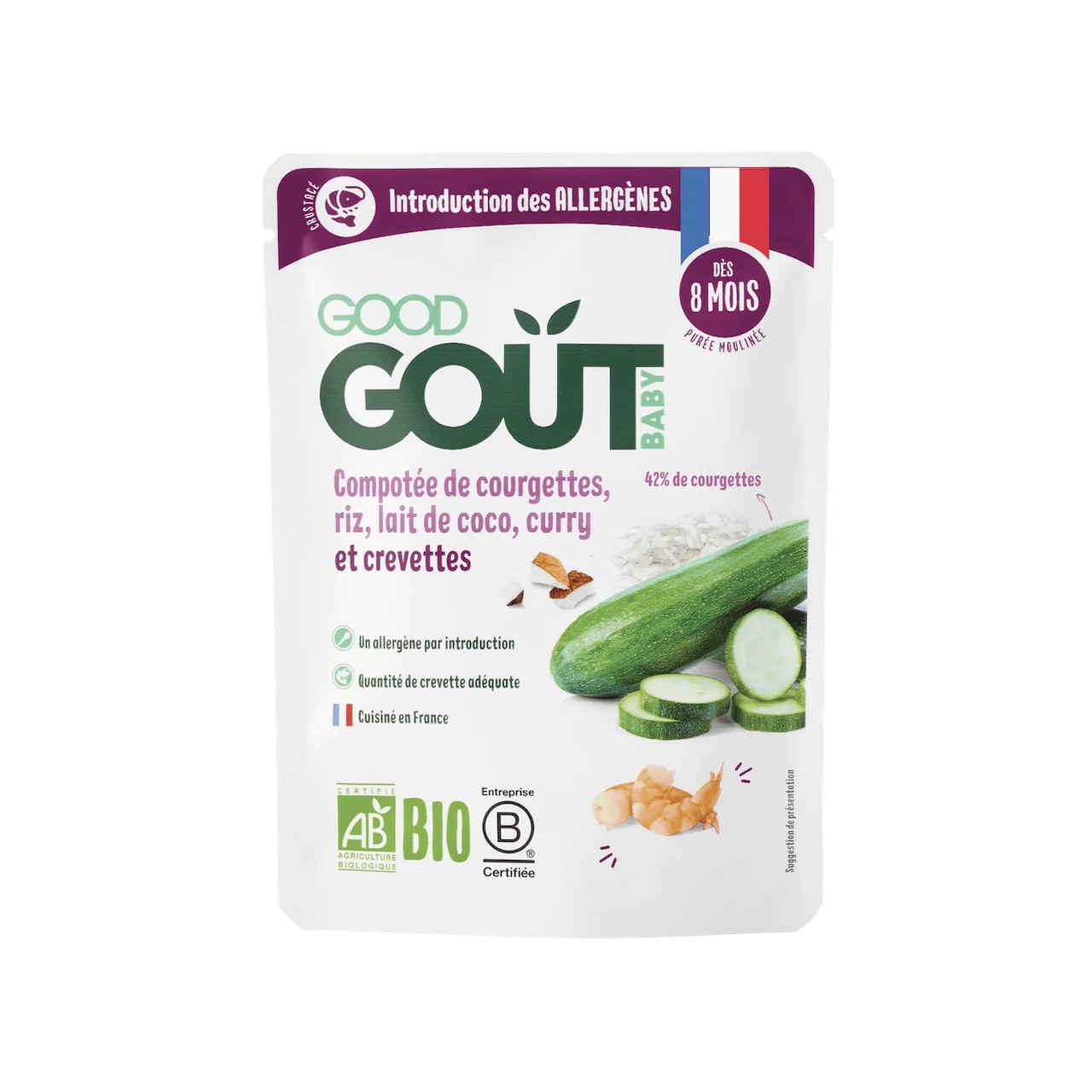 GOOD GOUT Compot�e de courgettes, riz, lait de coco, curry et crevettes 190g - D�s 8 mois