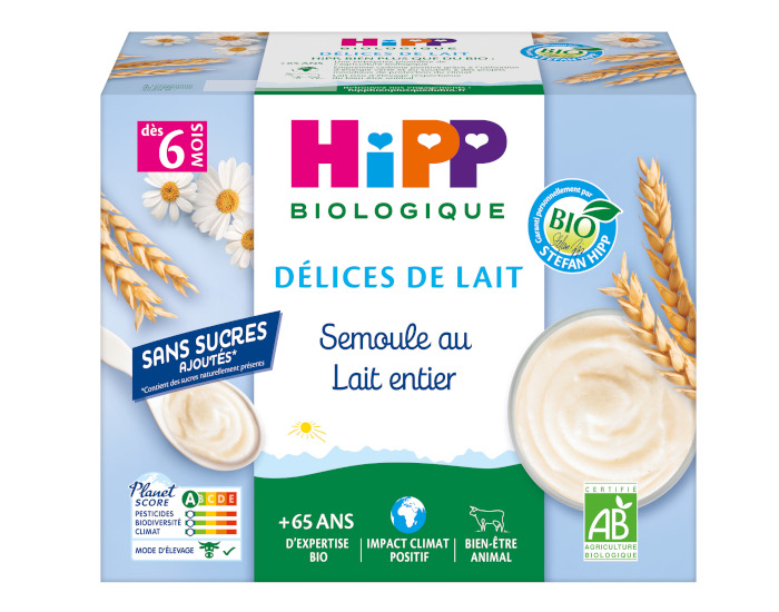 HIPP Semoule au Lait entier Coupelles - 4 x 100g Vanille - D�s 6 mois