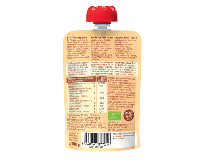 HOLLE Gourde Banana Lama - Banane Pomme Mangue Abricot - 100 g - D�s 6 mois (1)