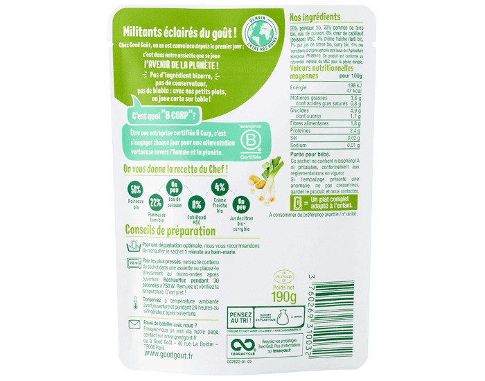 GOOD GOUT Petit Plat pour B�b� 190 g - Fondue de Poireaux Pommes de terre Cabillaud - D�s 6 mois (1)