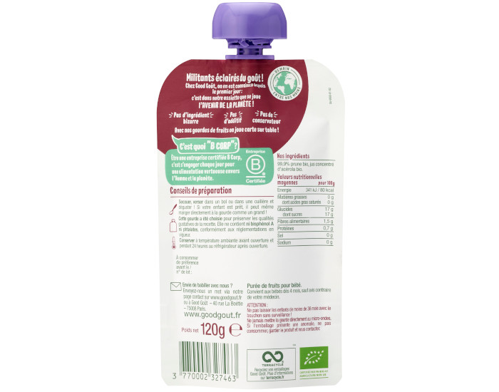 GOOD GOUT Gourde Prune - Pur�e B�b� 120g - D�s 4 mois (1)