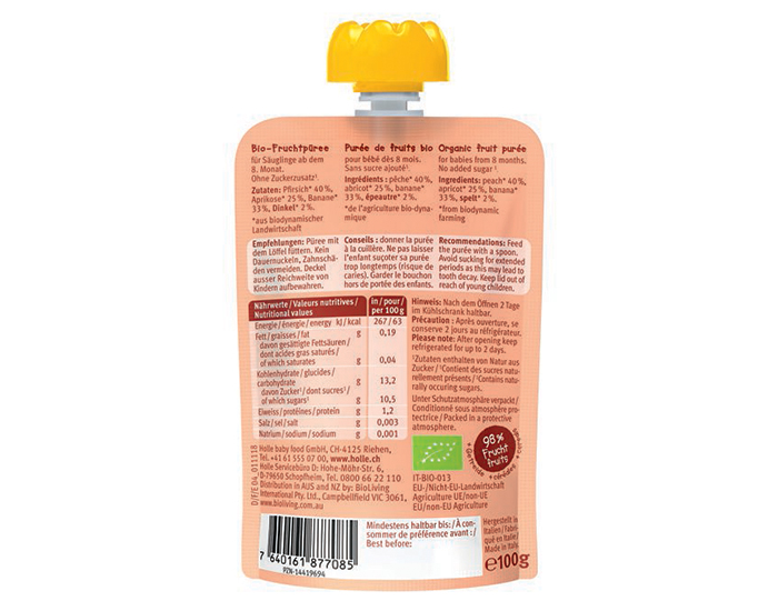 HOLLE Gourde Panda Peach - P�che Abricot Banane Epeautre - 100 g - D�s 8 mois (1)