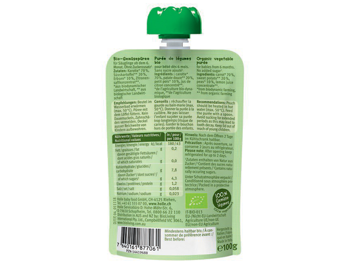 HOLLE Gourde Veggie Bunny - Carotte Patate Douce Petit Pois - 100 g - D�s 6 mois (1)