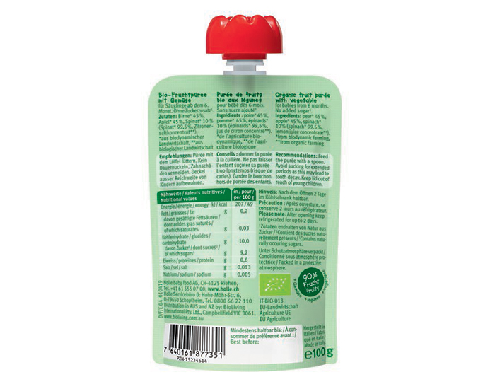 HOLLE Gourde Power Parrot - Poire Pomme Epinard - 100 g - D�s 6 mois (1)