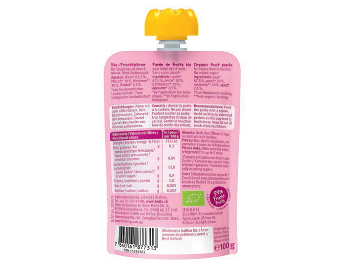 HOLLE Gourde Pear Pony Poire P�che Framboise et Epeautre - 100 g - D�s 8 mois (1)