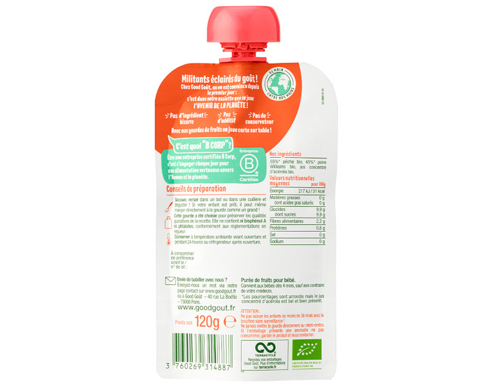 GOOD GOUT Gourde P�che Poire - Pur�e B�b� 120g - D�s 4 Mois (1)