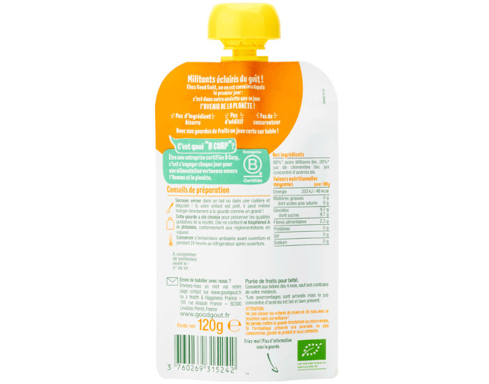 GOOD GOUT Gourde de Fruit pour B�b� 120 g - Poire Cl�mentine - D�s 4 mois (1)