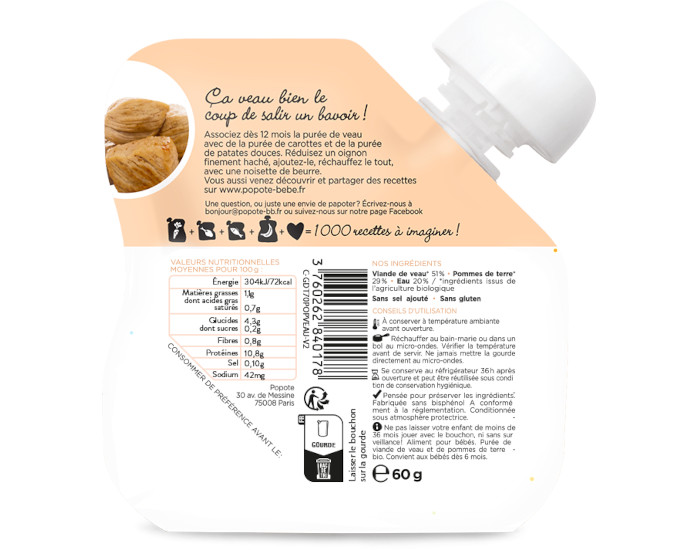 POPOTE Gourde Veau Bio - 60 g - D�s 4/6 mois (1)