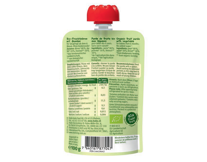 HOLLE Gourde Fennel Frog - Poire Pomme Fenouil - 100 g - D�s 6 mois (1)