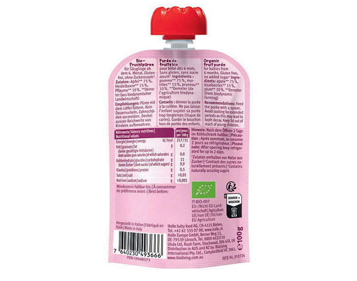 HOLLE Gourde Dino Dance - Pomme Myrtille Prune - 100 g - D�s 6 mois (1)