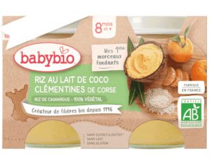 BABYBIO Petits Pots Brass�s V�g�taux - 2 x 130 g - D�s 6 mois Riz au Lait de Coco Cl�mentines de Corse