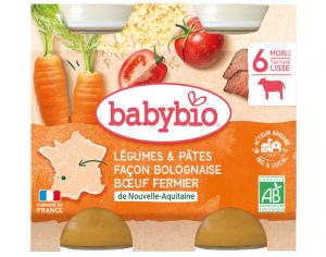 BABYBIO Petits Pots Menu du Jour - 2 x 200g - D�s 6 Mois L�gumes P�tes Bolognaise Boeuf