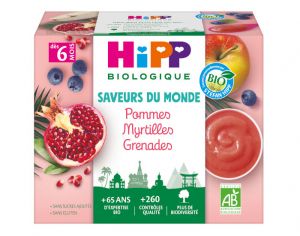 HIPP Coupelles Fruits Saveur du Monde - 4 x 100 g - D�s 6 mois Pommes Myrtilles Grenades