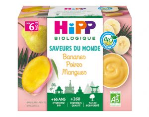 HIPP Coupelles Fruits Saveur du Monde - 4 x 100 g - D�s 6 mois Bananes Poires Mangues