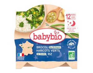 BABYBIO Assiette Bonne Nuit - 260 g Brocoli, Haricots Verts et Riz - 12 M