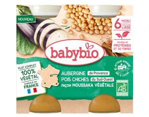 BABYBIO Petits Pots Menu V�g�tal - 2 x 200 g - D�s 6 � 8 mois Moussaka V�g�tale - Aubergines Pois chiches Tomates - D�s 6 mois