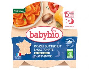 BABYBIO Assiette Menu V�g�tal - 190 g ou 230 g - D�s 12 ou 15 mois Ravioli Butternut Sauce aux Tomates et Champignons - 190g - D�s 15 mois