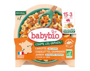 BABYBIO Assiette Menu Comme les Grands - 190 g ou 200 g - D�s 15 mois Carotte des Landes Champignons Coquillettes Jambon