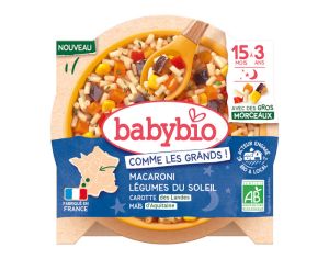 BABYBIO Assiette Menu Comme les Grands - 190 g ou 200 g - D�s 15 mois Bonne Nuit Macaroni & L�gumes du Soleil Carotte des Landes Ma�s d'Aquitaine