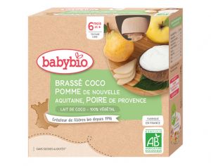 BABYBIO Gourde Brass� V�g�tal - 4x85 g - D�s 6 mois Lait de Coco Pomme d'Aquitaine Poire