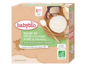BABYBIO Gourde Brass� V�g�tal - 4x85 g - D�s 6 mois Riz P�che d'Occitanie Poire de Provence