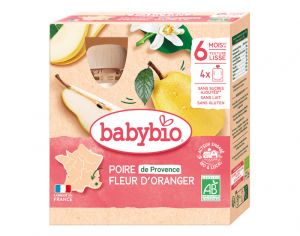 BABYBIO Gourdes - 4x90g - D�s 6 mois Poire - Fleur d'Oranger